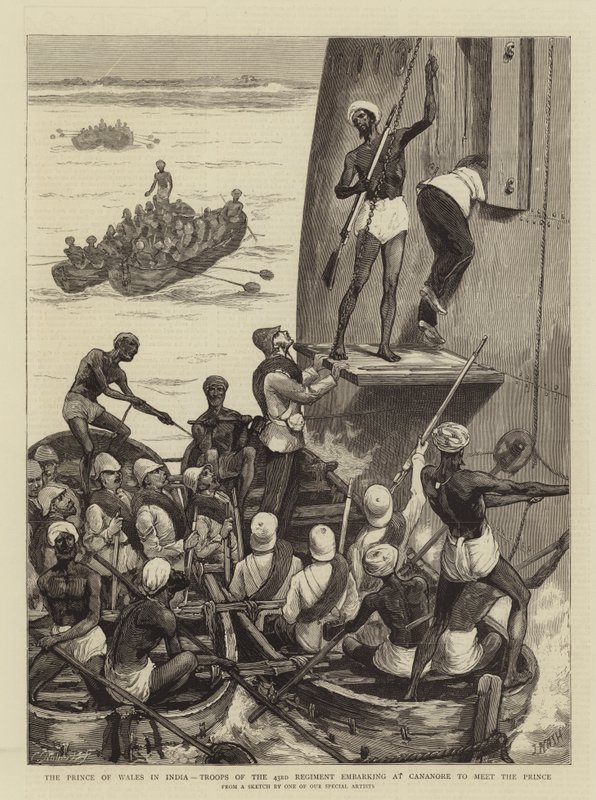 De Prins van Wales in India, troepen van het 43e regiment inschepen in Cananore om de prins te ontmoeten door Joseph Nash
