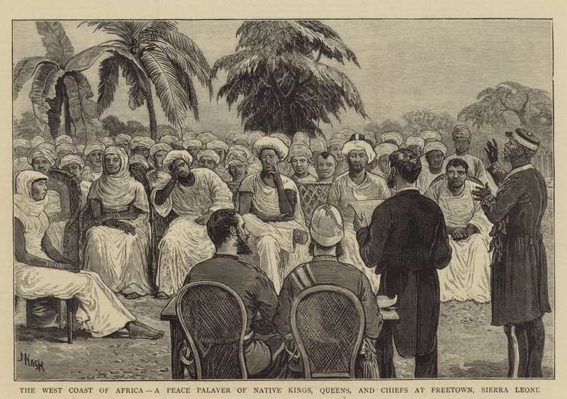 De westkust van Afrika, een vredespalaver van inheemse koningen, koninginnen en stamhoofden in Freetown, Sierra Leone door Joseph Nash