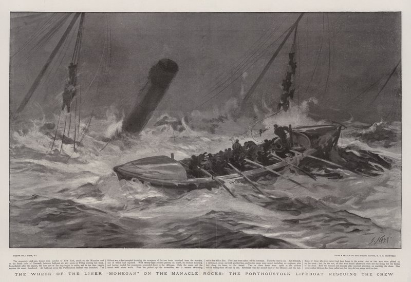 Het Wrak van de Liner Mohegan op de Manacle Rocks, de Porthoustock Reddingsboot redt de Bemanning door Joseph Nash