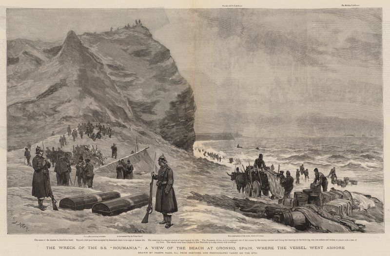 Het Wrak van de SS Roumania, een Uitzicht op het Strand bij Gronho, Spanje, waar het Schip aan de Grond liep door Joseph Nash