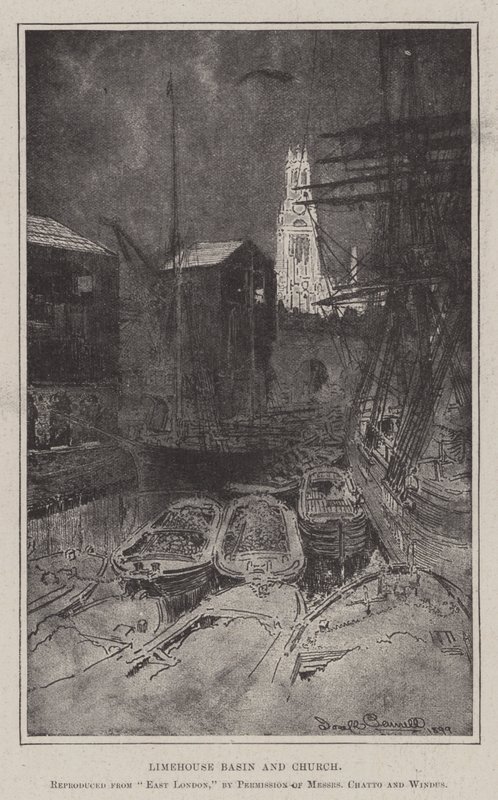 Limehouse Basin en Kerk door Joseph Pennell