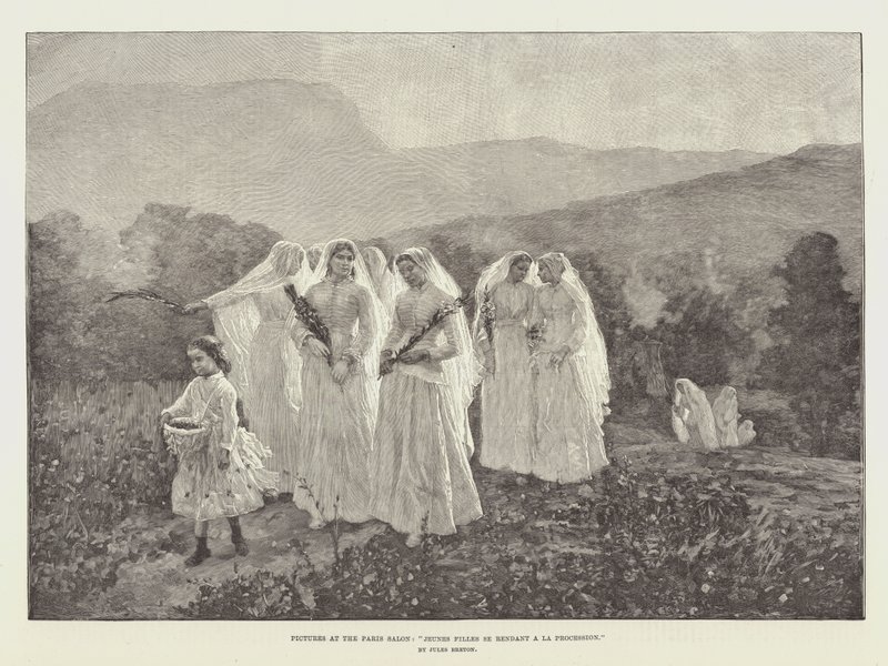 Schilderijen op de Parijse Salon, Jeunes Filles se Rendant à La Procession door Jules Breton