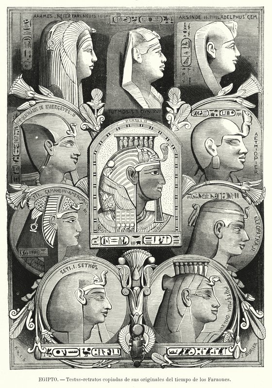 Oude Egyptische portretkoppen (litho) door Lothar Michael Burger