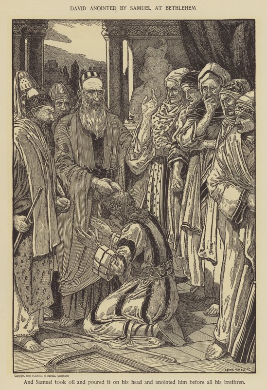 David gezalfd door Samuel in Bethlehem door Louis John Rhead