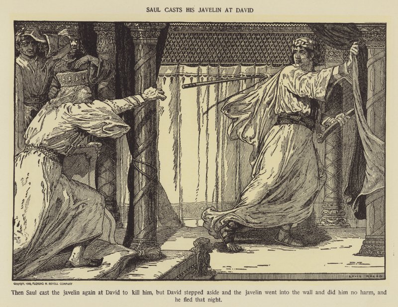 Saul werpt zijn speer naar David door Louis John Rhead