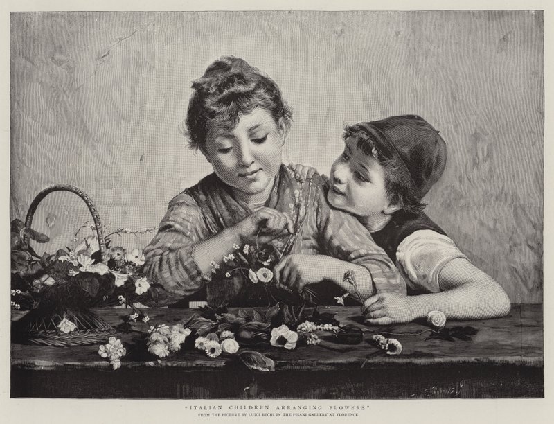 Italiaanse Kinderen die Bloemen Schikken door Luigi Bechi