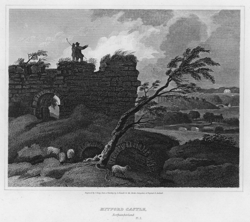 Mitford Castle, Northumberland (gravure) door Luke (after) Clennell
