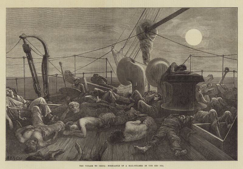 De reis naar China, voorsteven van een poststoomboot in de Rode Zee door Matthew White Ridley