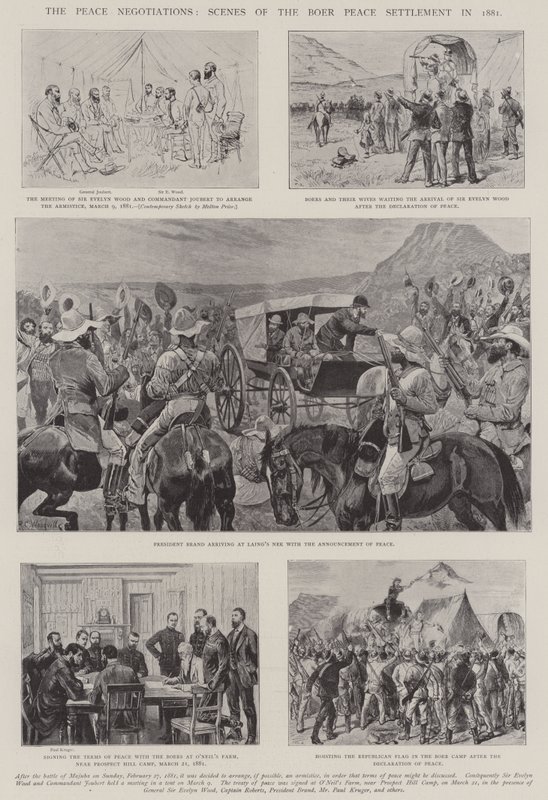 De vredesonderhandelingen, scènes van de Boerenvredesregeling in 1881 door Melton Prior