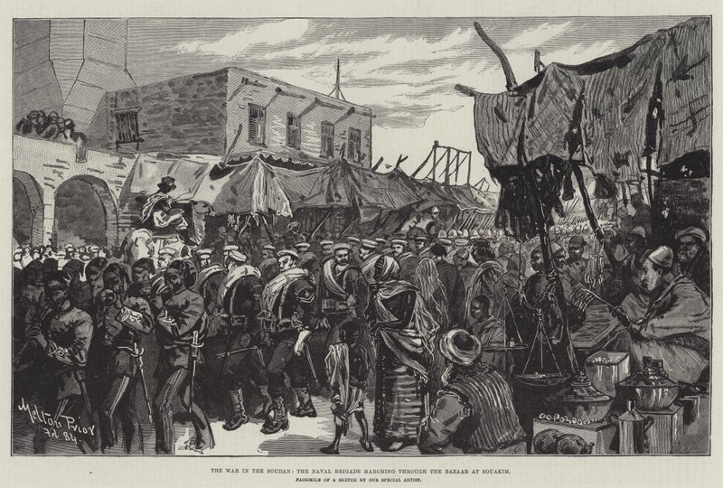 De Oorlog in de Soedan, de Marinebrigade marcheert door de Bazaar in Souakim door Melton Prior