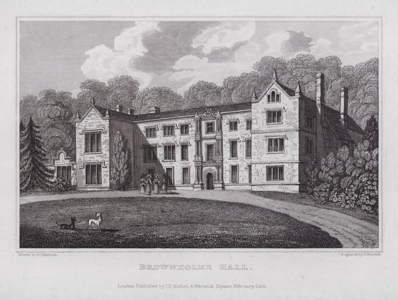 Brownholme Hall (gravure) door Nathaniel (after) Whittock
