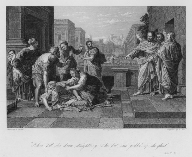 De Dood van Saffira, Handelingen V door Nicolas (after) Poussin