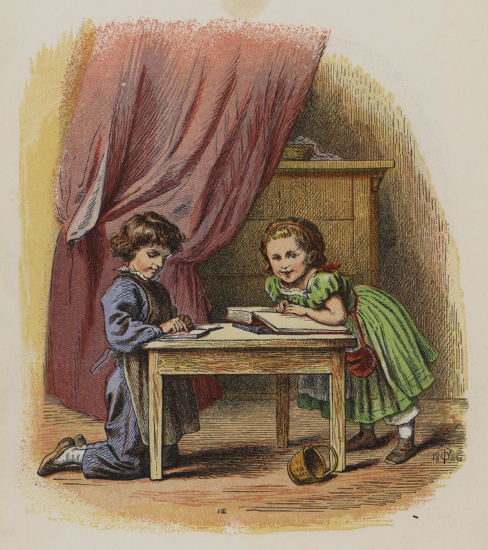 Twee kinderen die boeken lezen (kleur litho) door Oskar Pletsch