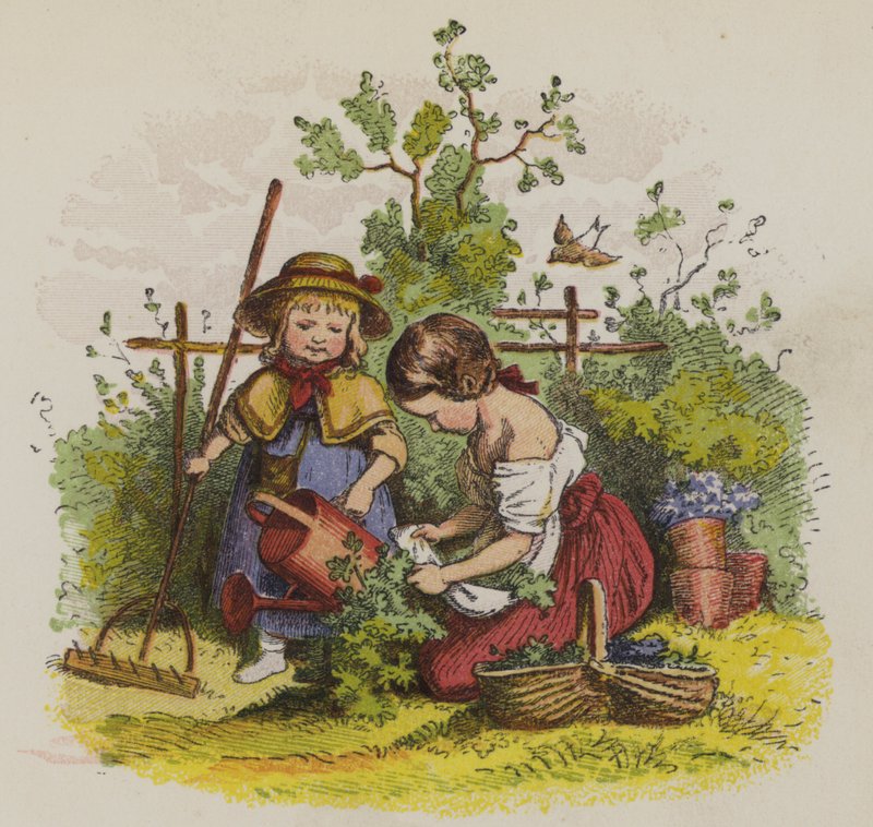 Twee meisjes die tuinieren (kleur litho) door Oskar Pletsch