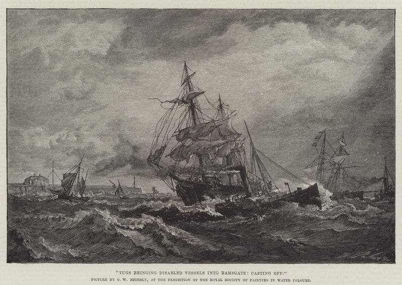 Sleepboten brengen gehandicapte schepen naar Ramsgate, loskoppelen door Oswald Walters Brierly