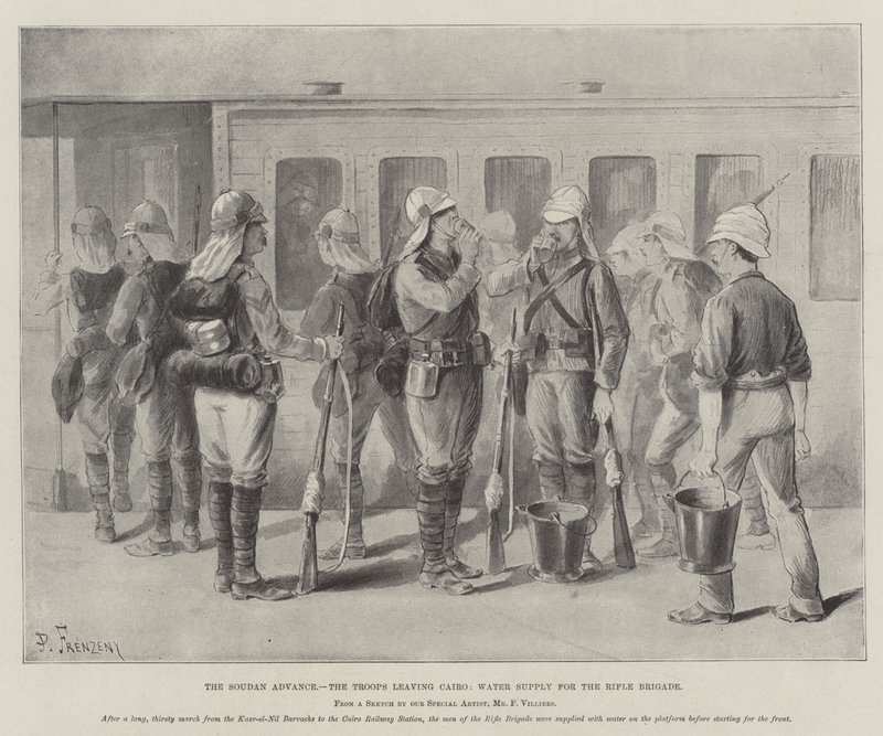 De Soedan-opmars, de troepen verlaten Caïro, watervoorziening voor de Rifle Brigade door Paul Frenzeny