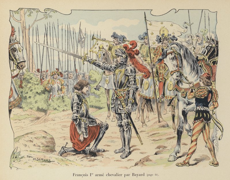 Koning Frans I van Frankrijk geridderd door de Chevalier de Bayard na de Slag bij Marignano, Italië, 1515 door Paul de Semant