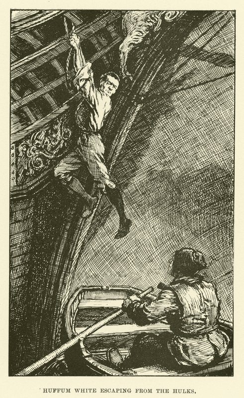 Huffum White ontsnapt uit de gevangenis (gravure) door Paul Hardy
