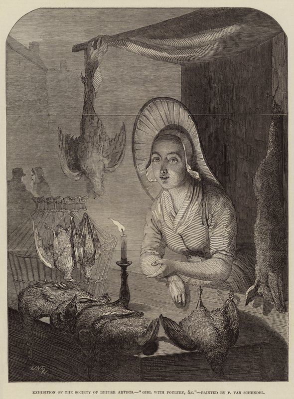 Meisje met pluimvee, enz. door Petrus van Schendel