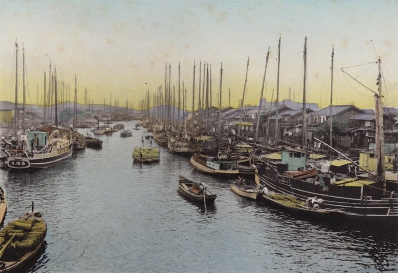 Japan, ca. 1912: Ajikawa, rivier, Osaka door Photographer Japanese