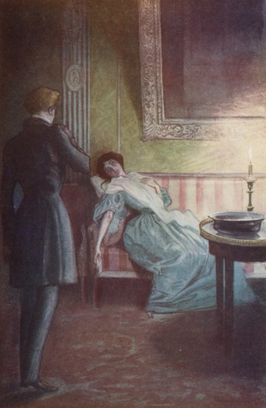 Ze lag achterover op een grote sofa, een hand op haar hart, de andere hangend langs haar zij door Pierre Georges Jeanniot