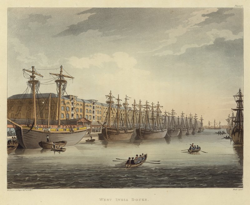 West India Docks door Pugin and Rowlandson