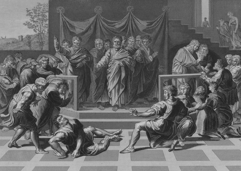 De dood van Ananias (gravure) door after Raphael
