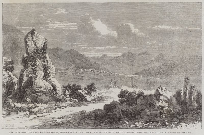 Schetsen uit de Washoe Zilverregio, Noord-Amerika, Virginia City vanuit het Zuiden, Mount Davidson, Cedar Hill, en Six Miles Gutch door Richard Principal Leitch