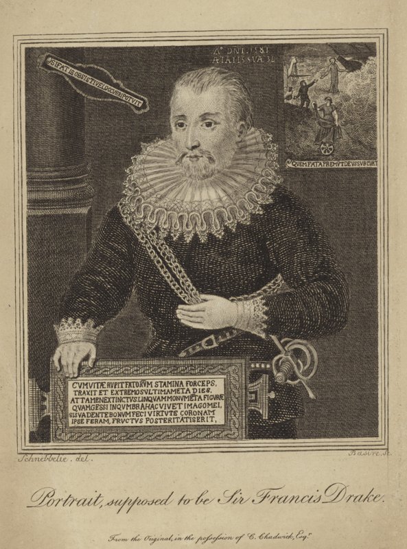Francis Drake (gravure) door Robert Blemell (after) Schnebbelie