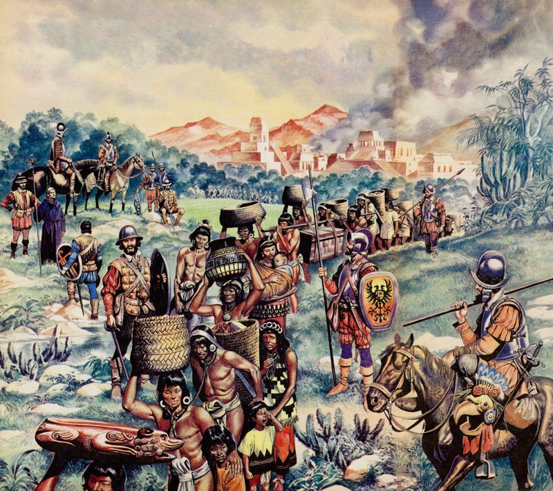 De Spaanse verovering van Mexico (kleurenlitho) door Ron Embleton