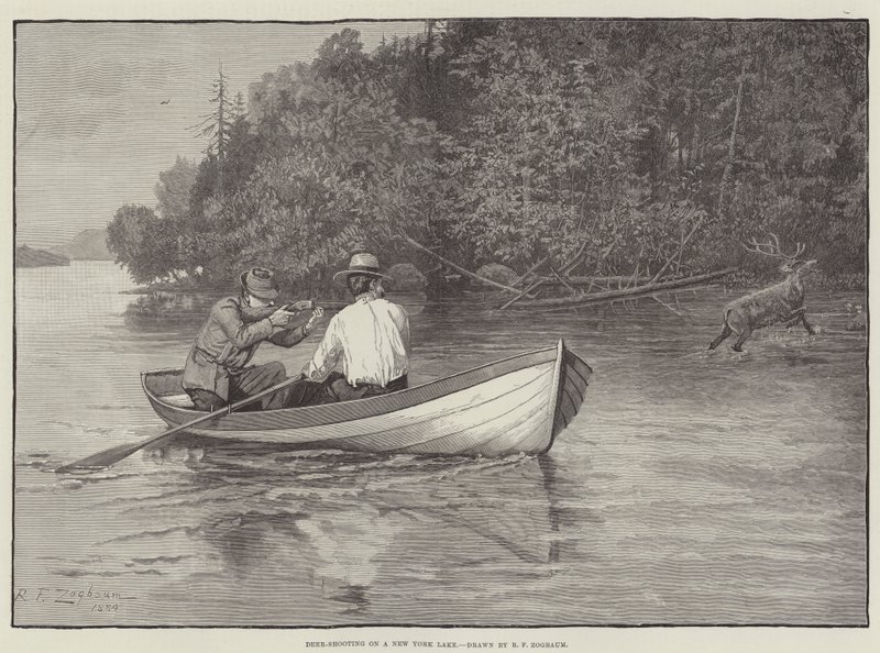 Hertenjacht op een Meer in New York door Rufus Fairchild Zogbaum