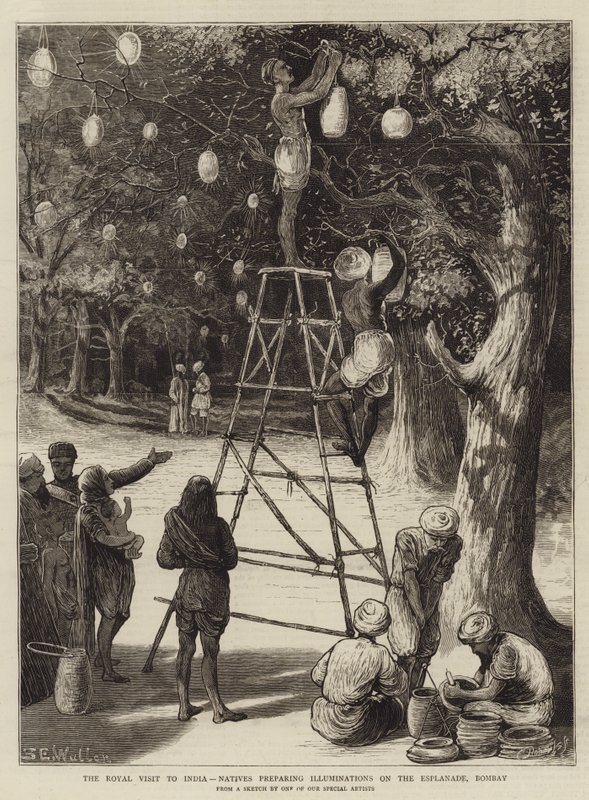 Het koninklijk bezoek aan India, inboorlingen bereiden verlichting voor op de Esplanade, Bombay door Samuel Edmund Waller