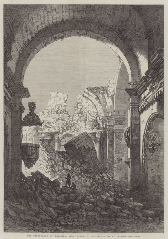 De aardbeving in Arequipa, Peru, ruïnes van de kerk van St Domingo door Samuel Read