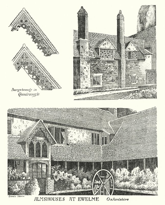 Armenhuizen in Ewelme, Oxfordshire (gravure) door Sidney Heath