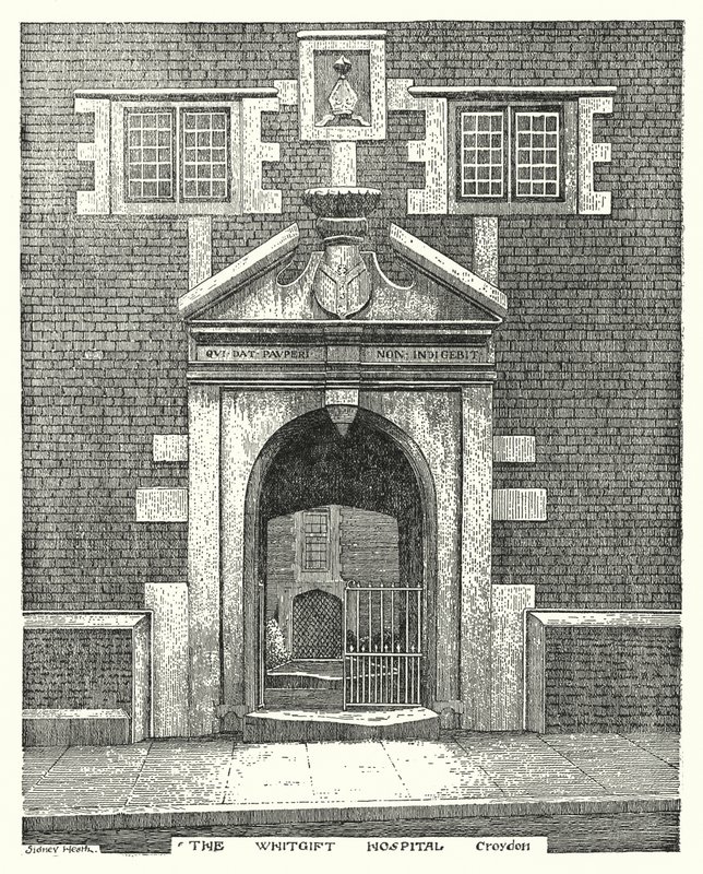 Het Whitgift Hospital, Croydon (gravure) door Sidney Heath