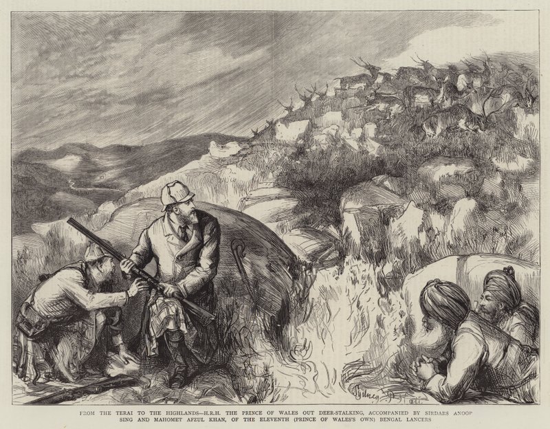 Van de Terai naar de Hooglanden, ZKH de Prins van Wales op hertenjacht, vergezeld door Sirdars Anoop Sing en Mahomet Afzul Khan, van de Elfde (Prince of Wales