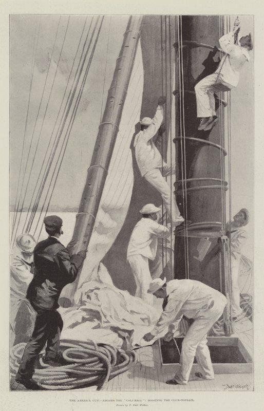De America Cup, aan boord van de Columbia, het hijsen van de Club-Topsail door T. Dart Walker
