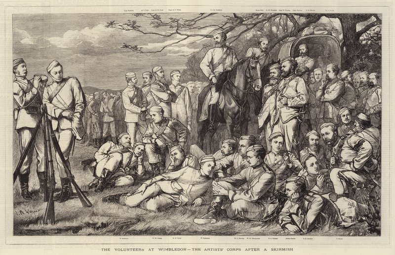De Vrijwilligers in Wimbledon, het Kunstenaarskorps na een Schermutseling door Theodore Blake Wirgman