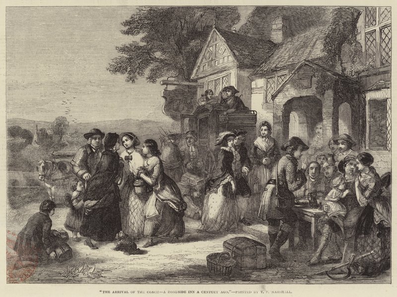 De aankomst van de koets, een herberg langs de weg een eeuw geleden door Thomas Falcon Marshall