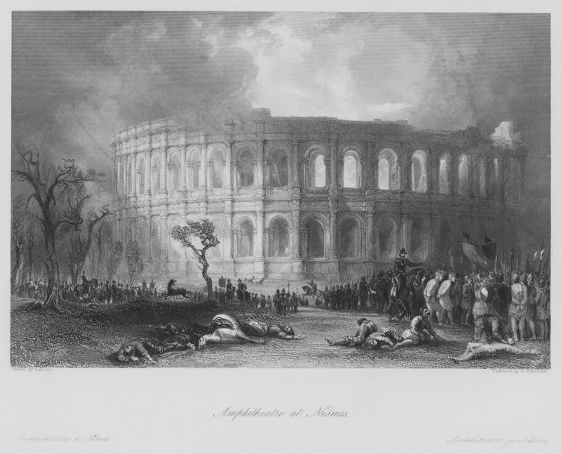 Amfitheater in Nîmes (gravure) door Thomas (after) Allom