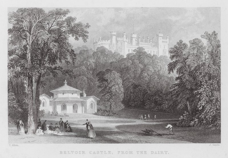 Belvoir Kasteel, vanaf de zuivel (gravure) door Thomas (after) Allom