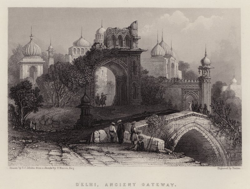 Delhi, Oude Poort (kleur litho) door Thomas Colman (after) Dibdin