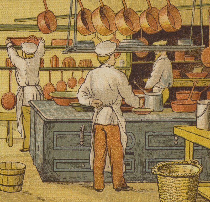 Caen: de hotelkeuken (kleur litho) door Thomas Crane
