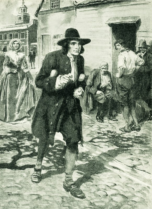 Benjamin Franklin komt aan in Philadelphia (litho) door Thomas Heath Robinson