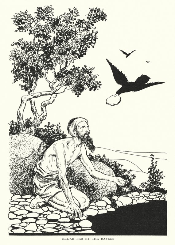 Elia gevoed door de raven (litho) door Thomas Heath Robinson