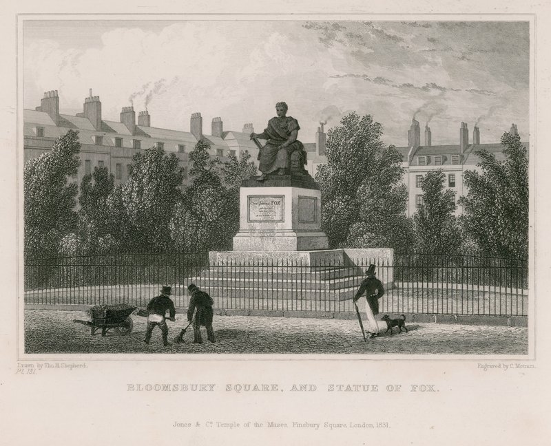 Bloomsbury Square en standbeeld van Fox door Thomas Hosmer Shepherd
