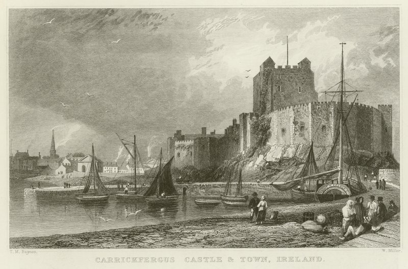 Kasteel en stad Carrickfergus door Thomas Mann Baynes