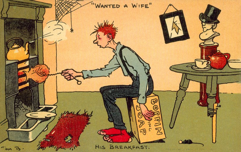 Gezocht een vrouw (chromolitho) door Tom Browne