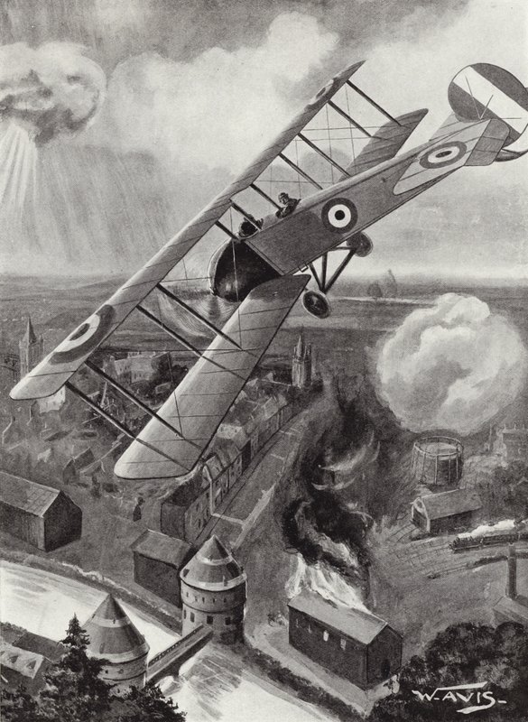Tweede luitenant L A Strange bombardeert het spoorwegknooppunt bij Kortrijk, België, Eerste Wereldoorlog door W. Avis