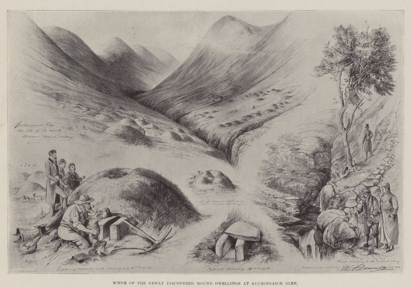 Scène van de onlangs ontdekte heuvelwoningen in Auchingaich Glen door William A. Donnelly